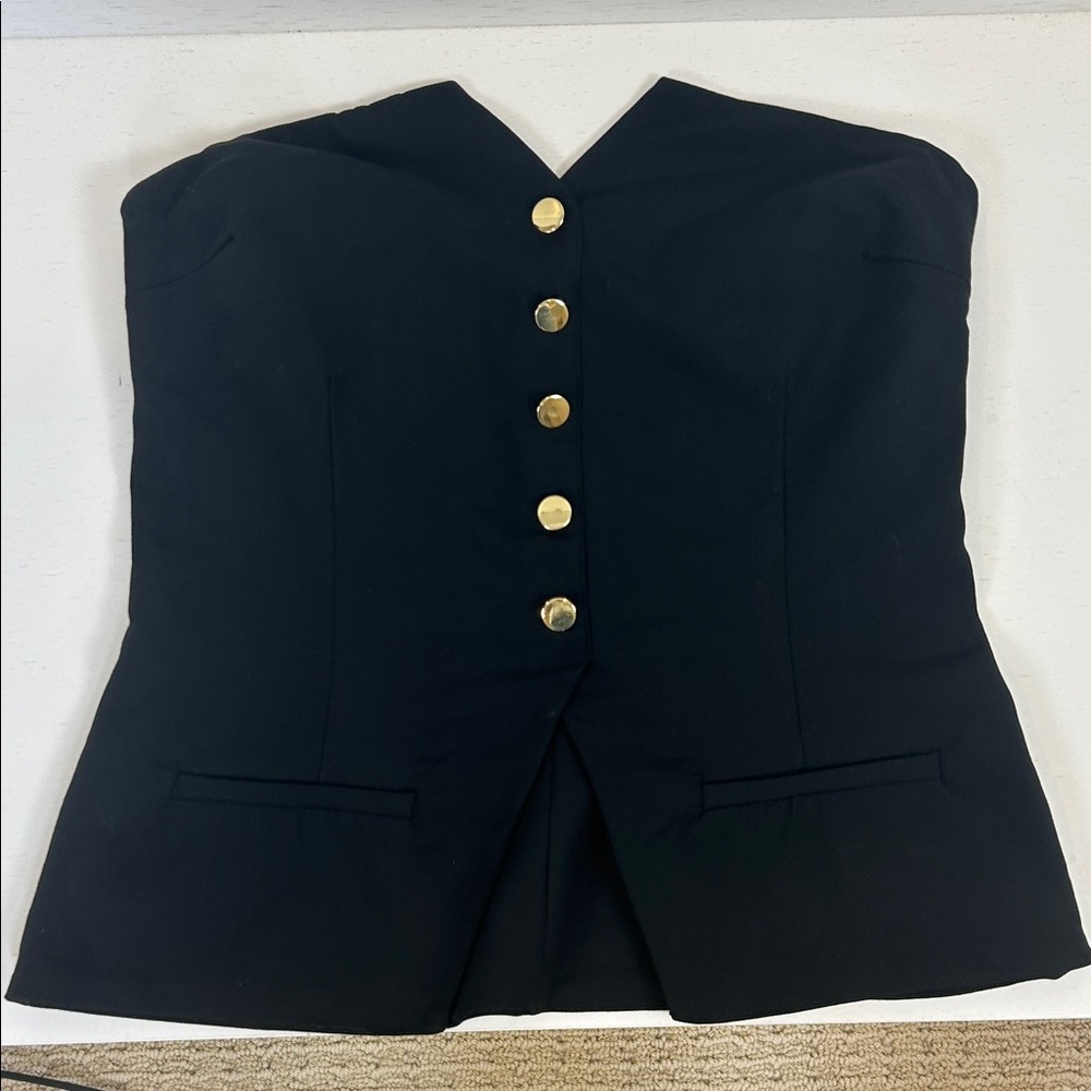 Reformation Black Strapless Corset Top with Gold Buttons